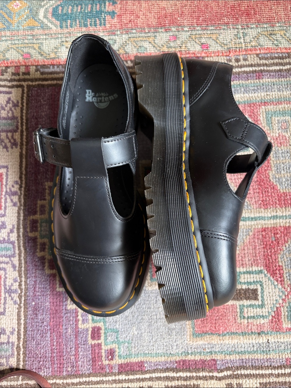 Dr. Martens Black Leather Platform Mary Jane Shoes with Yellow Stitching